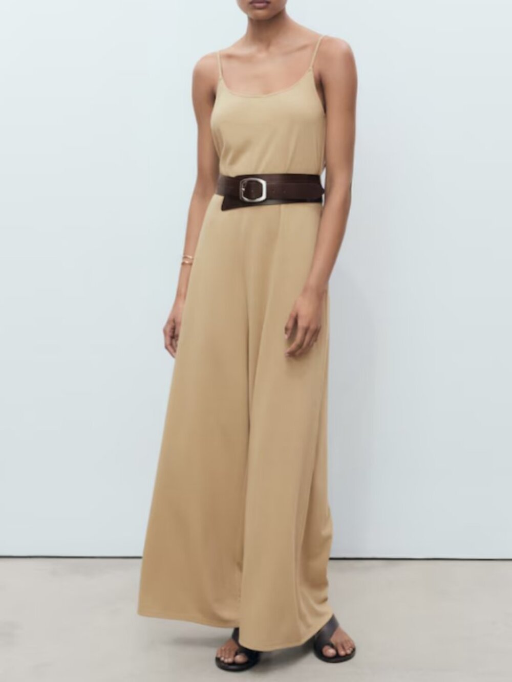 Mango Linen Blend Wide Leg Jumpsuit – Tan – Large